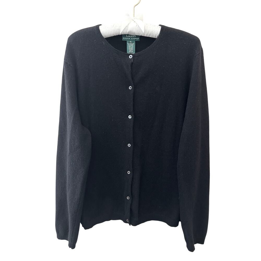 RALPH LAUREN Black Cashmere Angora Merino Wool Cardigan Sweater Quiet Luxury XL